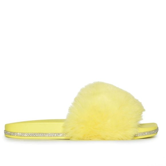 Wild Diva Shoes - SALE! Yellow Rhinestone Embellished Faux Fur Fluffy Open Toe Flat Slide Sandals